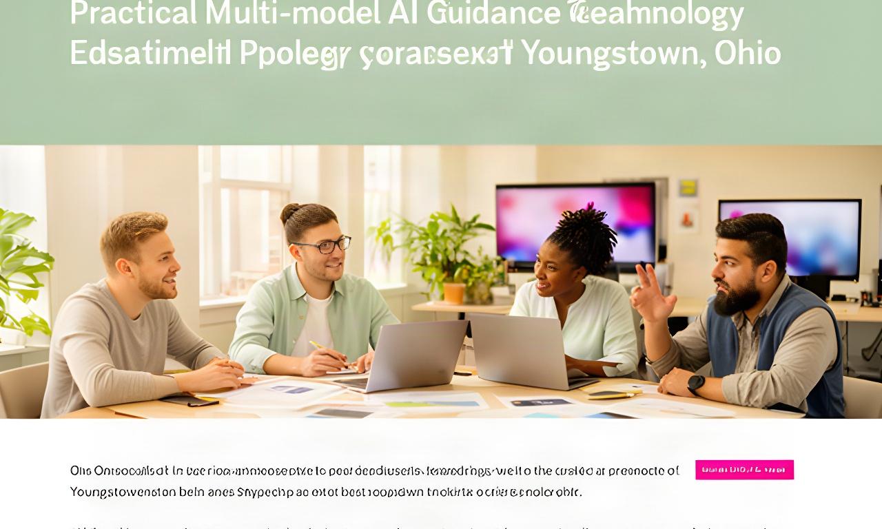Small AI editorial team collaborating around a table in a bright Youngstown office