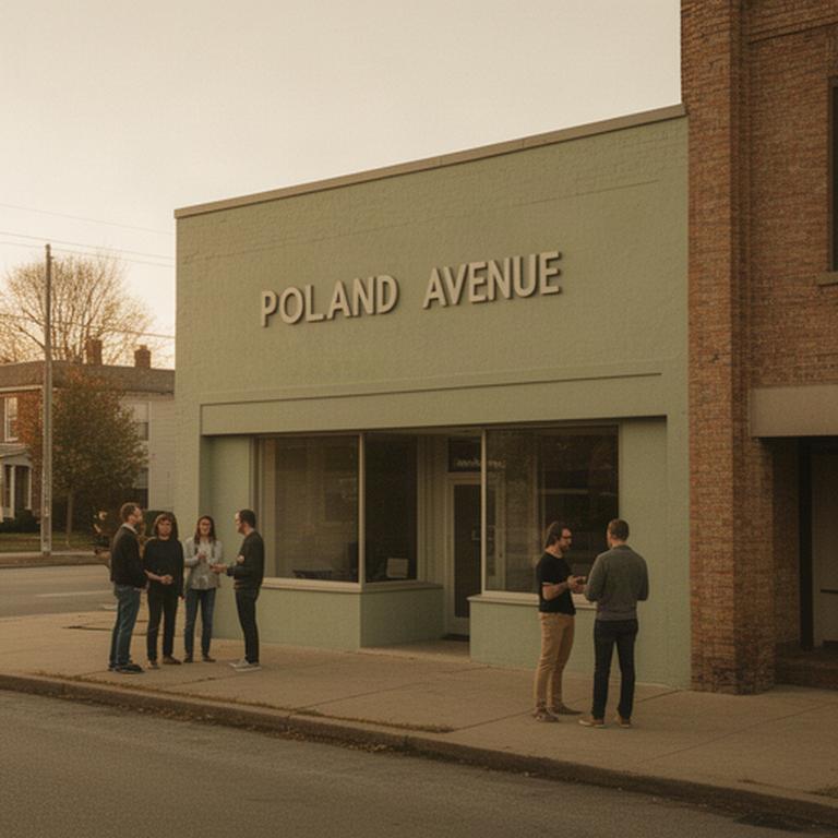Poland Avenue office exterior in Youngstown with a small technology team meeting nearby
