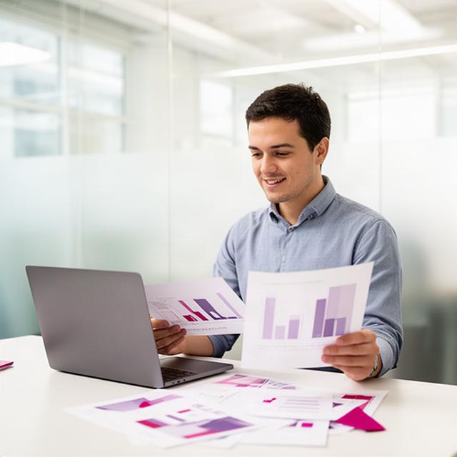 Technical editor comparing language model benchmark results in a bright office