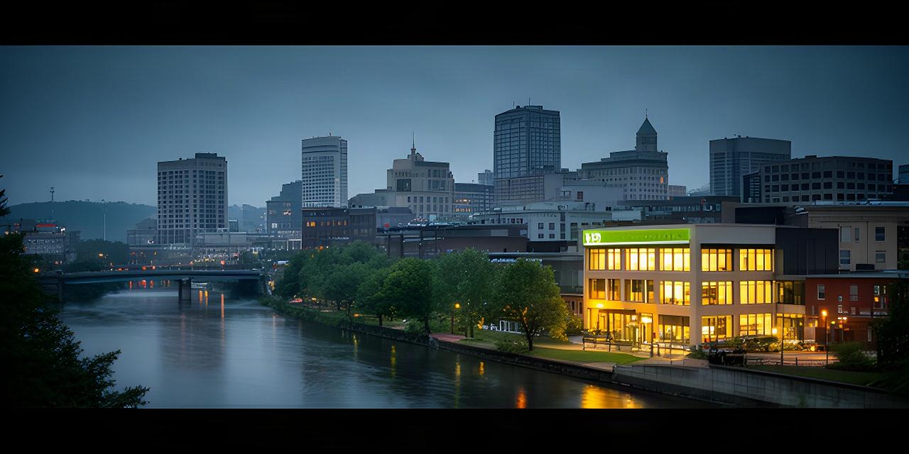 Youngstown skyline at dusk with a small business office glowing near the Mahoning River